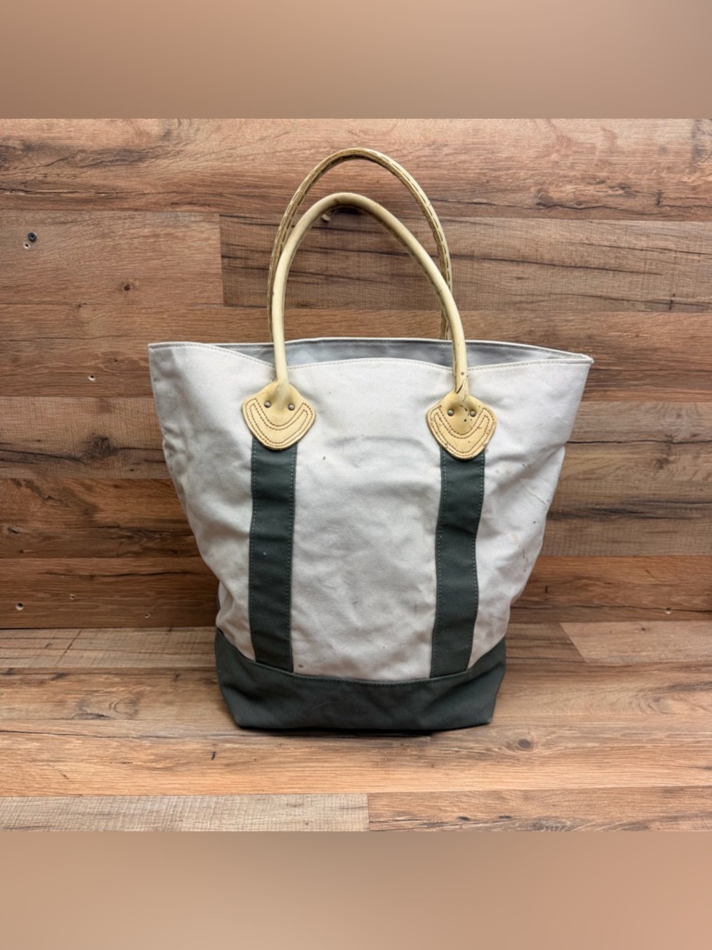 LL Bean Canvas Tote Bag with Leather Handles - Beige and Dark Gray - Picture 3 of 9